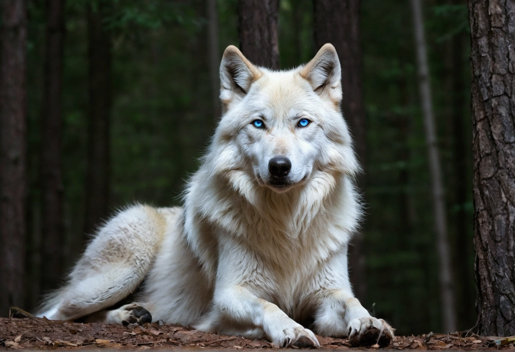 there is a white wolf laying down in the woods, white wolf, a white wolf, photo of wolf, wolp, white wolf with blue eyes, wolf, looking majestic in forest, great wolf, goldenwolf, wolves and their treasures, furry wolf, wolf portrait, wolves, portrait of a wolf, angiewolf, wolf companion, lone wolf
