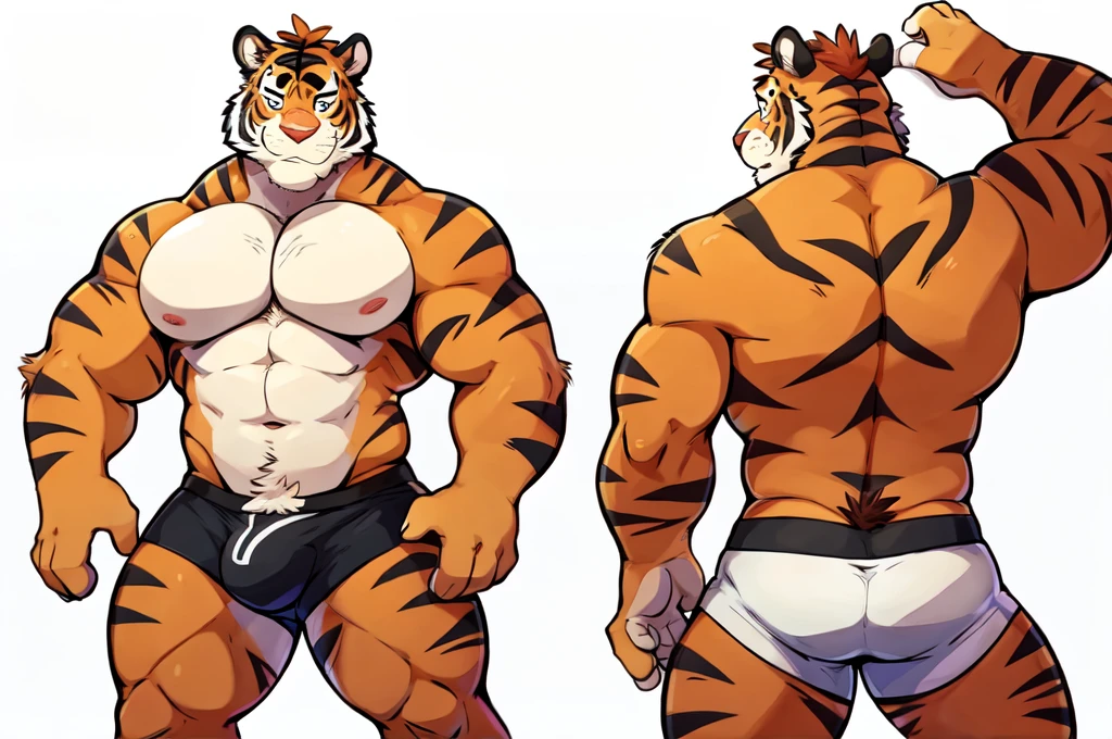 Tiger, By Haps, 1boy, abs, animal ears, bara, bulge, full body, white background, Seminude, Boxers, Character sheet Reference, Full body, backwards