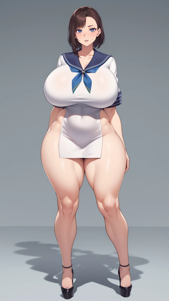Big Breasts, Big Hips, Full Body Shot, Mature mother, Voluptuous thighs, Full calf, Seductive mature woman, Perfect body, Plus Size Model, Sailor suit, Wearing high heels,Miniskirt uniform,