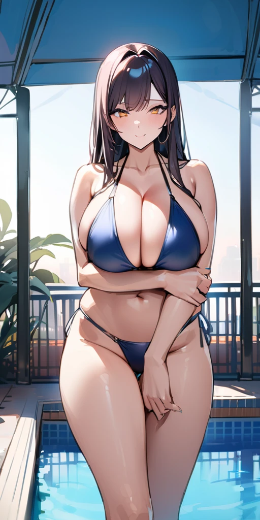 ((Highest quality、、masterpiece:1.3))、Long legs、Sharp focus:1.2, Beautiful woman with perfect figure:1.miling:1.2), double eyelid、30-year-old female、Sexyse、((((Close your mouth、One Woman、bikini)))),(((((one women,pool side:1.5)))))、((Big Breng, cowboy shot:1.5))、
