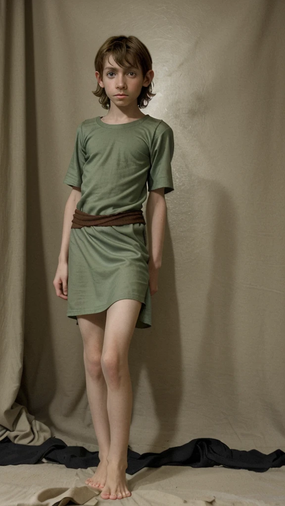 Twelve-year-old thin elven boy in a tunic barefoot