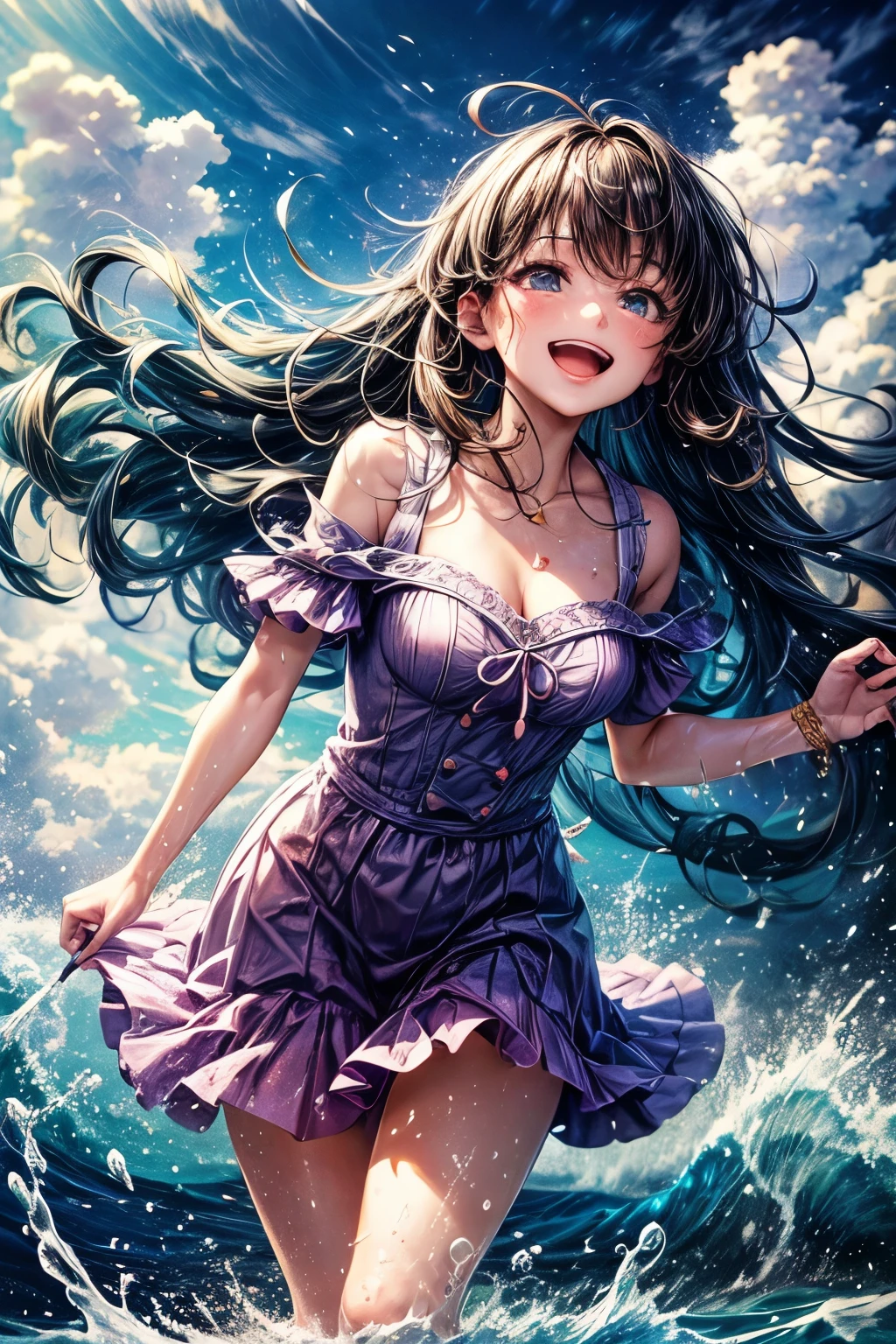 {worst quality, low quality}, anime style, super fine illustration, highly detailed, dynamic angle, beautiful detailed, 8k, On a summer day, at the sea, a woman is driving a personal water craft at high speed. Due to the speed, both the personal water craft and the woman are blurred, BREAK and water splashes dynamically. She has a very joyful expression, from below, low angle shot, masterpiece,