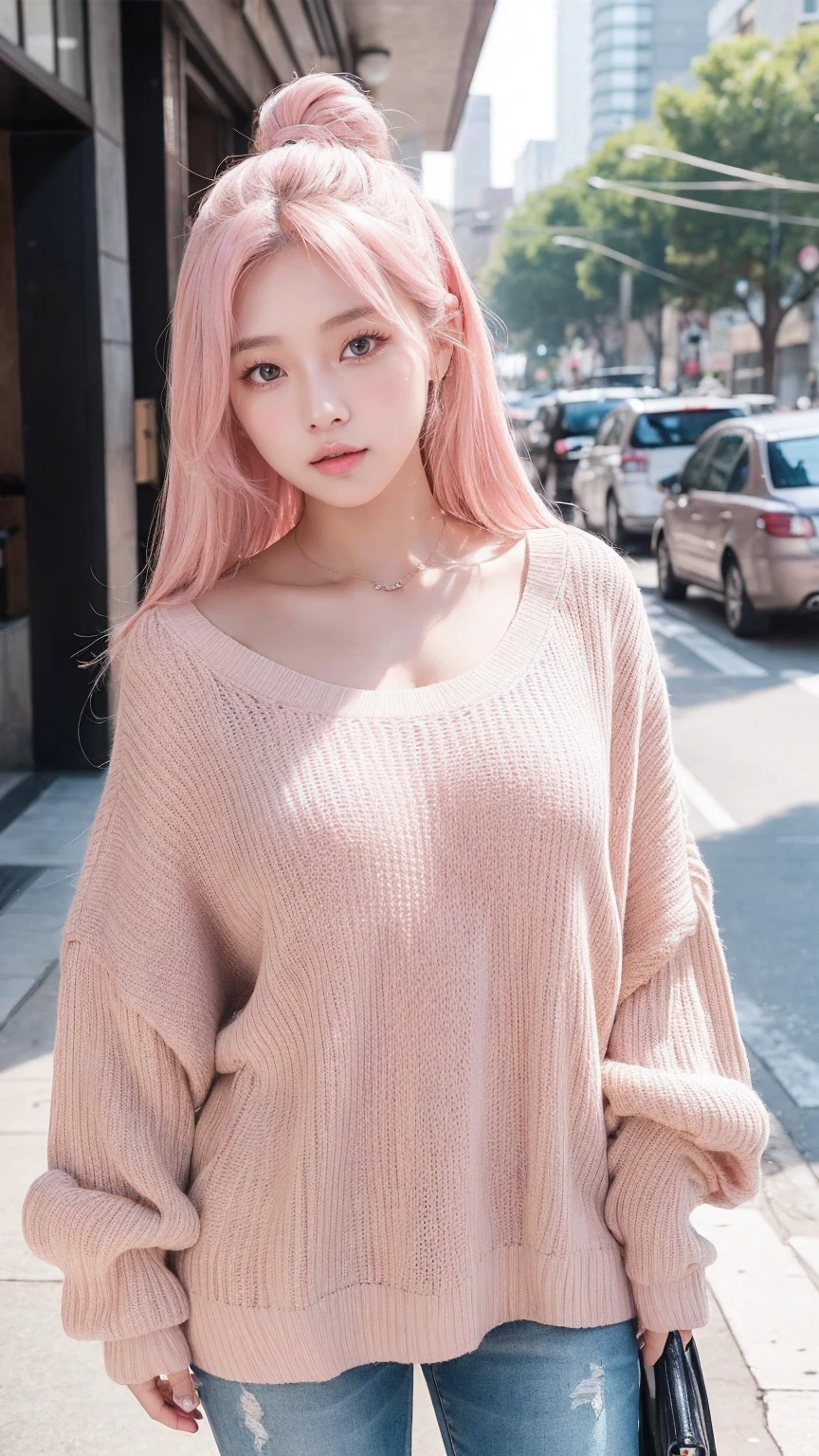 1 girl, 20 years old, light pink hair, brown eyes, korean, model appearance, looking at viewer, casual clothes