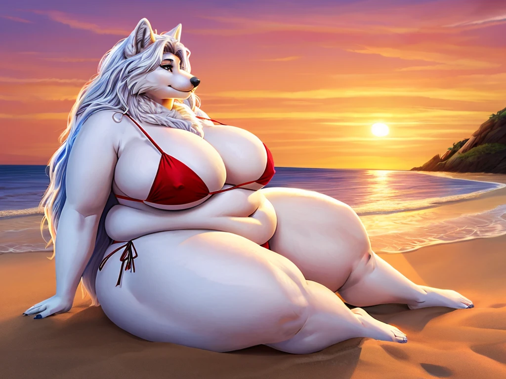 Arctic wolf, female, long messy hair, huge breasts, huge hips, huge belly thighs, plump, voluptuous, morbidly obese, fat arms, fat legs, belly rolls, fat rolls,fat neck,bikini, sunset,beach , gorgeous, beautiful, eyelashes 