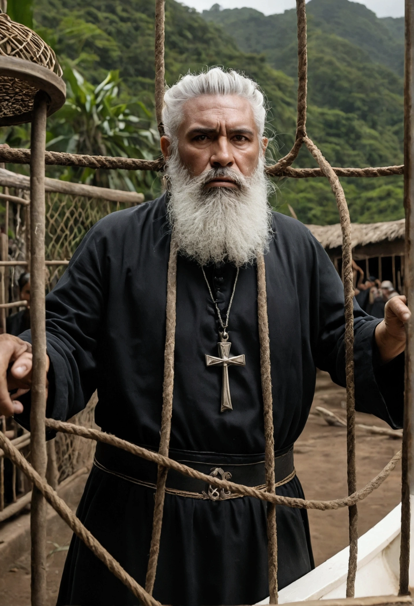 bearded priest hunchbacked with white boat hair, in the backlands frei damião trapped in a cage