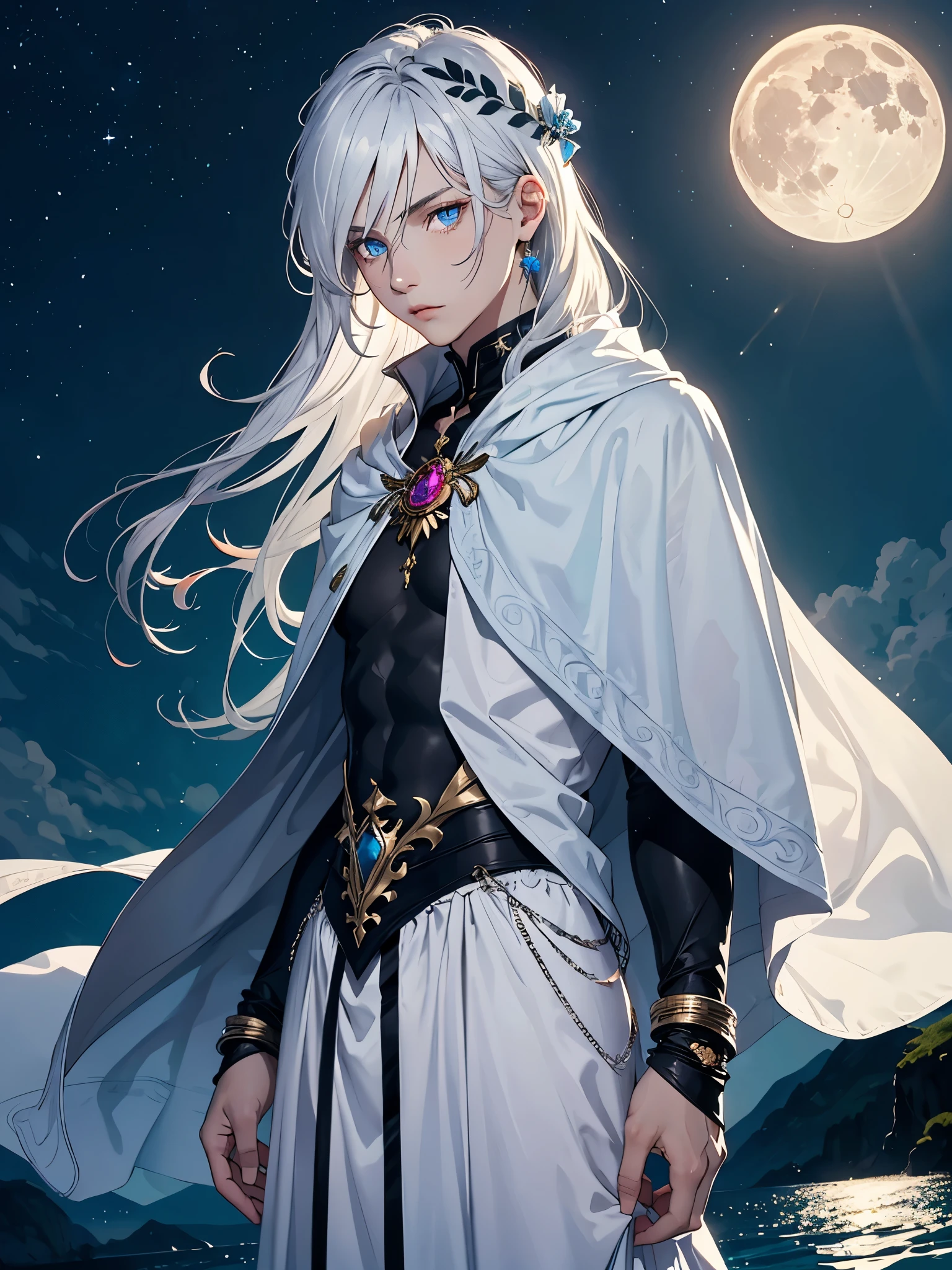 Brüste. Long hair. long white hair. aquatic, boy, Goddess of the Moon, silver hair accessories, White hair, White dress, cape, at night, saturated colors, light eyes, bright, light blue light, blue eyes, Jewelry silver, bluish light, Full moon in the background, aquatic in der Luft rosa kerzen