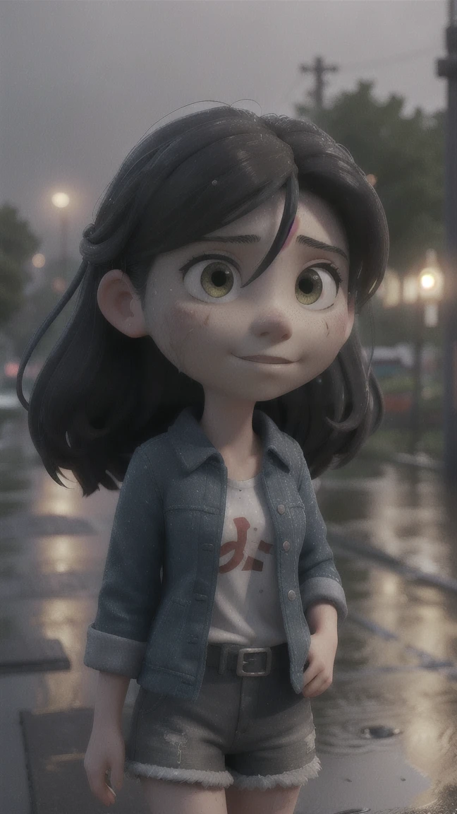1girl,solo,long hair,Rough skin,(looking at viewer:1.2),wet hair,micro_shorts,dark,polaroid,(depth_of_field:1.5),rainy days,outdoors,street,hair between eyes,moody lighting,Tyndall effect,Cinematic Lighting,night,lamppost,lens flare,available light,rim light,glowing neon lights,curvy,chinese_style,