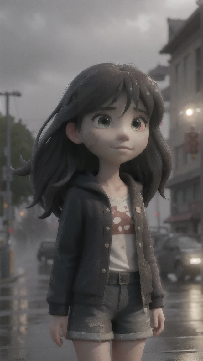 1girl,solo,long hair,Rough skin,(looking at viewer:1.2),wet hair,micro_shorts,dark,polaroid,(depth_of_field:1.5),rainy days,outdoors,street,hair between eyes,moody lighting,Tyndall effect,Cinematic Lighting,night,lamppost,lens flare,available light,rim light,glowing neon lights,curvy,chinese_style,