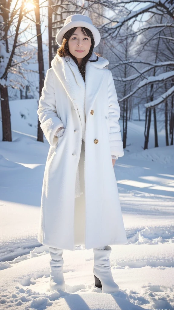 ((masterpiece, highest quality, Highest image quality, High resolution, photorealistic, Raw photo, 8K)), mature japanese woman, 50 years old, nude woman in white boots and a hat posing in the snow, smooth white surroundings, in the snow, snow on the body, in snow, pale snow white skin, dressed in a beautiful white, covered in snow, covered with snow, full body:: snow outside::, in the winter, white snow, snowy winter, winter time, in white clothes