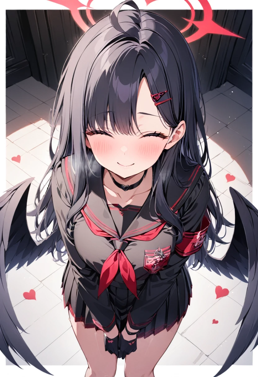 (smile:0.8), patterned background, outside border, heart background, from above, (closed mouth:0.6),masterpiece, best quality, (looking at viewer:1.2), 1girl,ichika ba, black choker, serafuku, solo, ahoge, pleated skirt, gloves, black shirt, wings, blush, red neckerchief, black gloves, armband, low wings, , neckerchief, halo, long sleeves, long hair, choker, black hair, hair ornament, black sailor collar, 1girl, black skirt, black serafuku, skirt, closed eyes, black wings, sailor collar, hairclip,