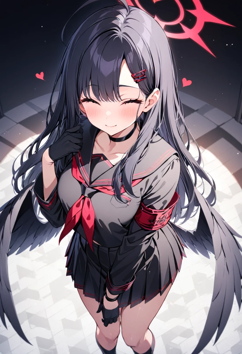 (smile:0.8), patterned background, outside border, heart background, from above, (closed mouth:0.6),masterpiece, best quality, (looking at viewer:1.2), 1girl,ichika ba, black choker, serafuku, solo, ahoge, pleated skirt, gloves, black shirt, wings, blush, red neckerchief, black gloves, armband, low wings, , neckerchief, halo, long sleeves, long hair, choker, black hair, hair ornament, black sailor collar, 1girl, black skirt, black serafuku, skirt, closed eyes, black wings, sailor collar, hairclip,