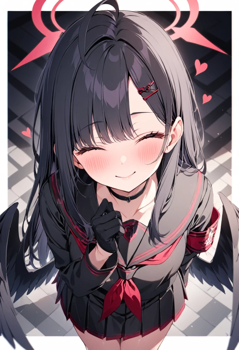 (smile:0.8), patterned background, outside border, heart background, from above, (closed mouth:0.6),masterpiece, best quality, (looking at viewer:1.2), 1girl,ichika ba, black choker, serafuku, solo, ahoge, pleated skirt, gloves, black shirt, wings, blush, red neckerchief, black gloves, armband, low wings, , neckerchief, halo, long sleeves, long hair, choker, black hair, hair ornament, black sailor collar, 1girl, black skirt, black serafuku, skirt, closed eyes, black wings, sailor collar, hairclip,