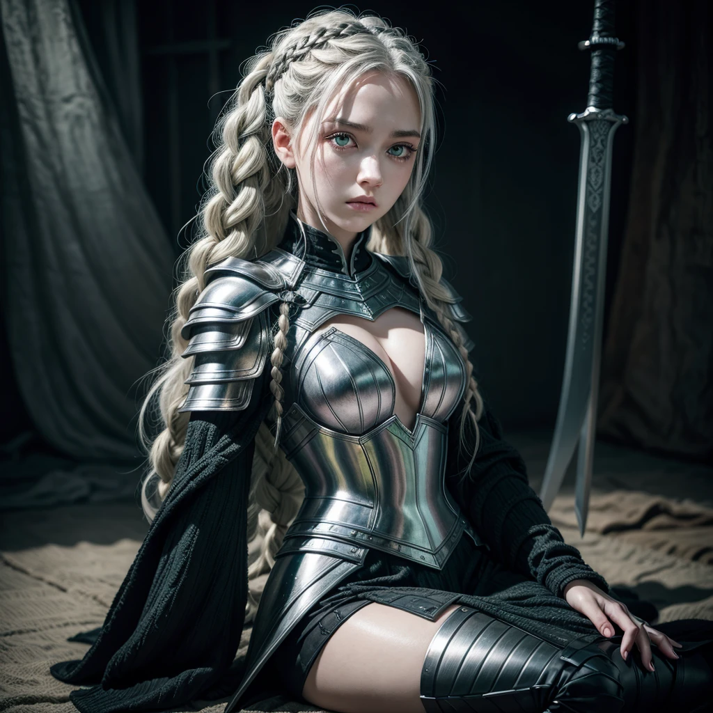 photoshot + my character is a woman with braided white hair + violet eyes and cold expression + resting hands on a sword + silver and black armor + a black dragon + green eyes next to her