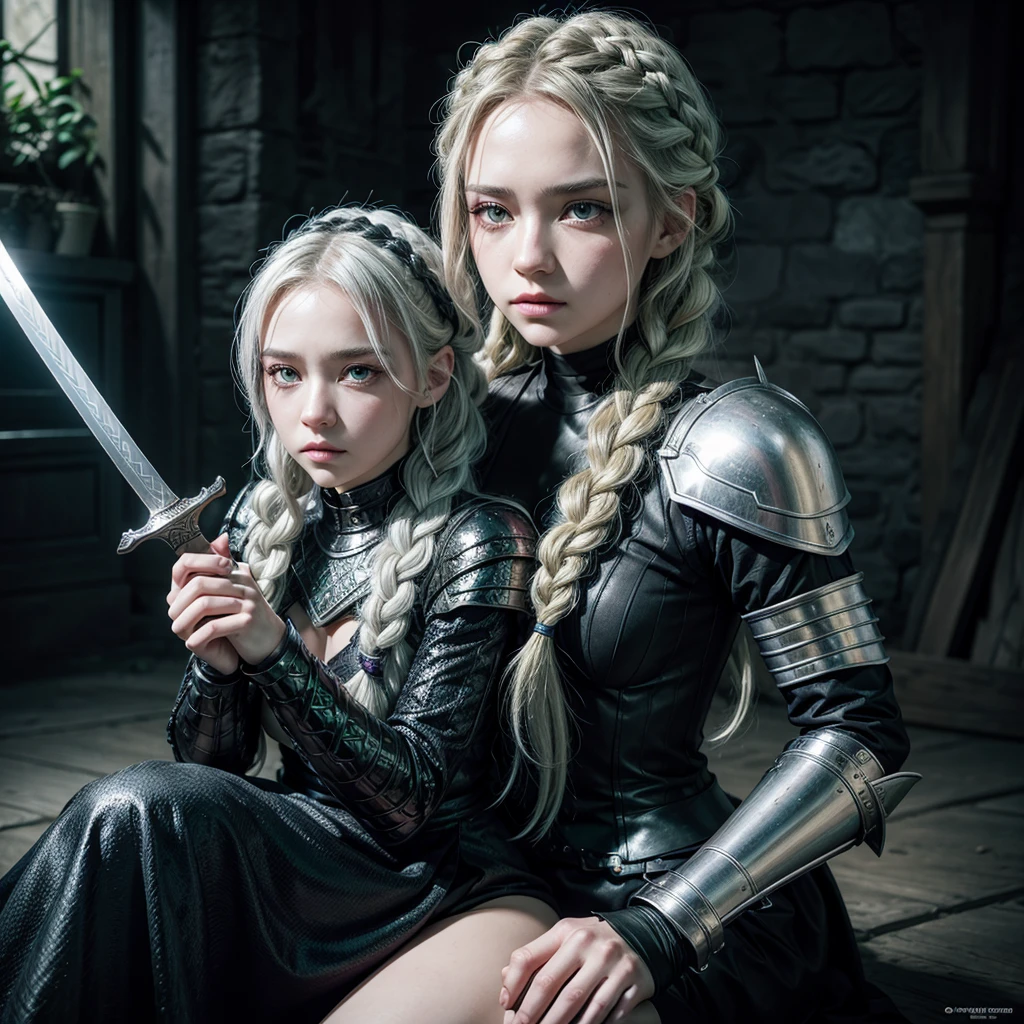 photoshot + my character is a woman with braided white hair + violet eyes and cold expression + resting hands on a sword + silver and black armor + a black dragon + green eyes next to her 