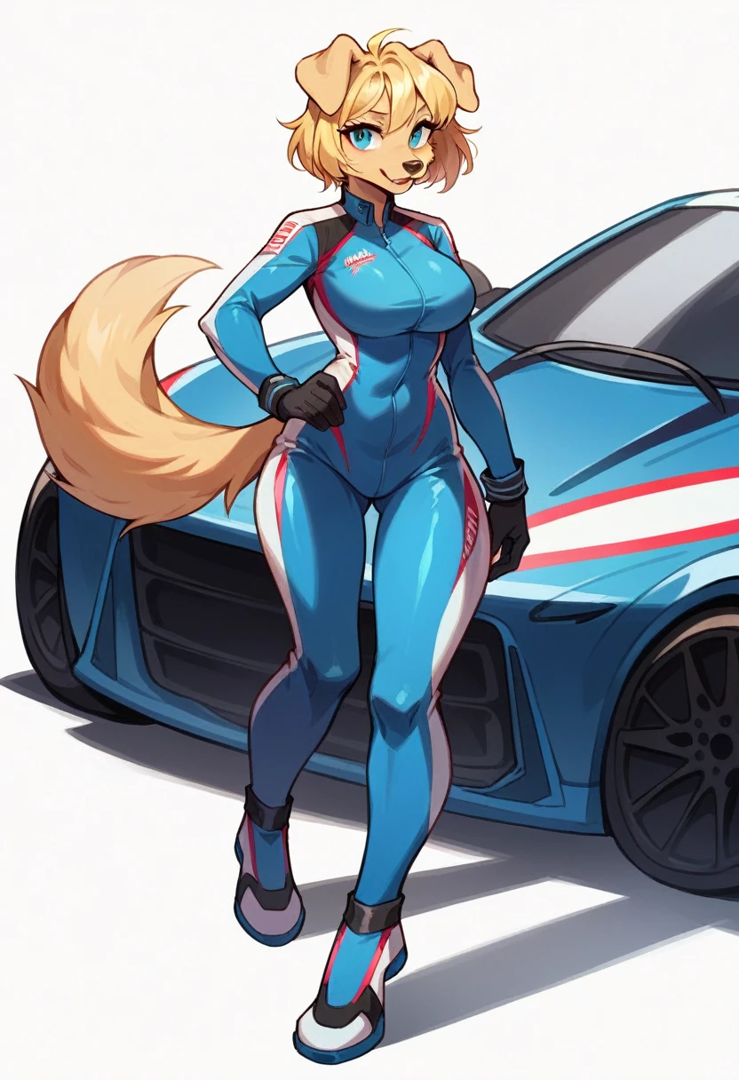Ultra Quality, vivid Colors, Golden retriever anthropomorphic, she is tall and thin, she has short blonde hair, she has soft yellowish fur, she is wearing a blue racing driver outfit, she is standing with a sexy pose, she is next to a very futuristic blue race car, white background, full body image.