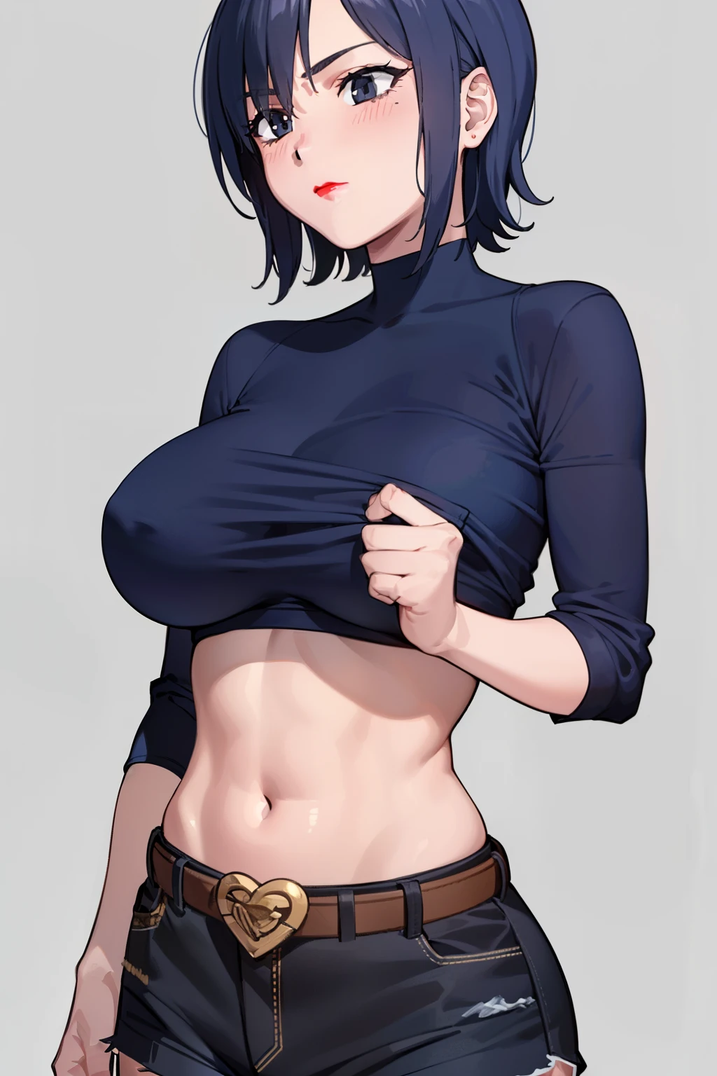 (beautiful detailed eyes, beautiful detailed face, perfect detailed body), mikictr, 1girl, solo, black eyes, short hair, closed mouth, lipstick, blush, large breasts, crop top, no bra, midriff, navel, upper body:1.5, standing, belt, blue short shorts, simple background