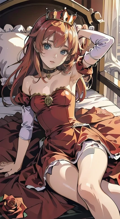 (Best image quality, masterpiece:1.2), (Ultra high definition illustration), (Browsing Caution:1.3), (very cute little queen, 15 years:1.3), (1 Girl:1.2), alone, (Shoot from very low:1.3) ,(Condescending look:1.3) Browsing Caution, No sleeve, Underarm, (Put your arms behind your head), Embarrassing, close your eyes, (No sleeve gorgeous queen red dress with roses:1.3), (translucent:1.3), Lying in bed, Queen's Crown, Showing panties, whole body, Round baby face, (Glasses, Blonde short cut), (White thigh-high pantyhose:1.2), (Wicked Smile, Mean face, Mesgaquismiles), Luxurious palace room, Luxurious Room, RPG Royale, (Wide-spread legs:1.3),