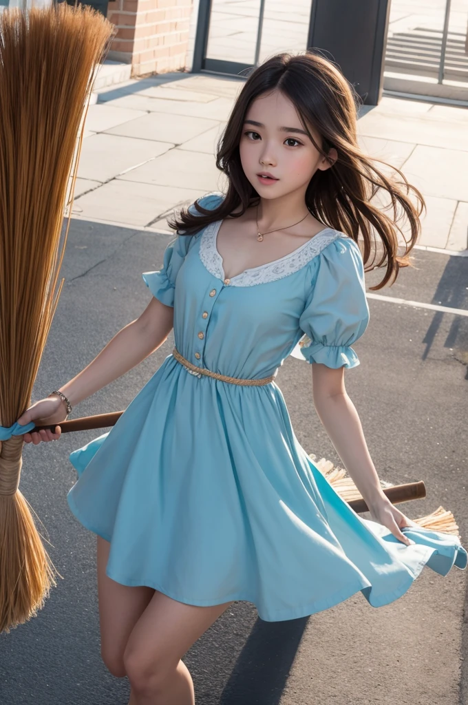Girl in a dress flying with a broom