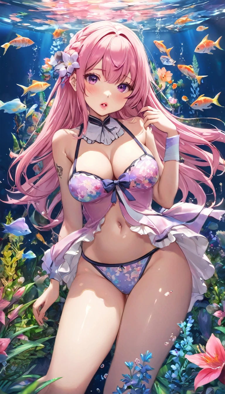 {{{{{16k}}}}}, {{{{{Unique atmosphere in the middle of the transition from girl to sexy woman, transforming a Japanese girl with a cutely pussy into her facial rank to the SSS rank of top-notch pretty actresses, She's in a cylindrical aquarium filled with female hormone fluid with a control panel that allows her to change the shape and appearance and personality of the girl inside at will, The oil of glowing flowers is poured into the aquarium and she is turned into a beautiful herbarium, When the control panel under the aquarium was adjusted to a sexy beautiful big-breasted with tight cleavage slender underbusted personality girl her appearance changed to a beautiful erotic and gentle look, She was a but after being locked in a aquarium for four years and injected daily with beauty-enhancing hormones she grew into a 16-year-old girl erotic fetish for lips and necks and waistlines, The lush growing tits and waistline of a 16 year old ripen quickly when the control panel is moved to a 20 year old and we see her in her prime as a woman, her clearer nip line from underbust to hips, She had a pretty face like an idol but as she grew up she became beautiful like an actress, Her too-beautiful rounded tits wrapped in her separates frills pastel colored bikini, Her hair is replaced by a bang long glossy very Straight hair, The growing body is reproduced with sex-loving, thick vivid lips, Her gasps echoing through the water, She transforms her into a cute once-in-a-millennium}}}}},{{Extremely detailed}},{{{{{integrated her head small, Enchanting Too thick and erotic deep pink lips, Her thickened lips shimmer with luster}}}}},{{{{{Her tattoos spread all over her body, She is tattooed with lewd flowers on her neck, arms, lower abdomen, thighs}}}}}