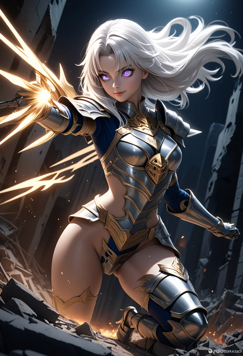 (masterpiece, top quality, best quality, beautiful and aesthetic:1.2), full body, SFW, extremely detailed, detailed eyes, detailed hands, cinematic light, depth of field, 1girl, seducing smile, solo, official, (armored knight:1.4), Ishtar fate, white hair, slim body, cinematic lighting, dramatic lighting, dramatic atmosphere, hyper-realistic, high resolution, stunning contrast, high quality, best quality, 8k, 4k, intricately detailed, (amazing details:1.2), highly detailed skin, powerful presence, vibrant colors, (detailed eyes:1.2), striking eyes, (detailed background), (warzone on background, night, ruins), (dynamic angle:1.2), (dynamic pose:1.2)