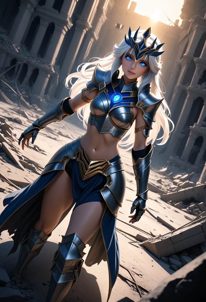 (masterpiece, top quality, best quality, beautiful and aesthetic:1.2), full body, SFW, extremely detailed, detailed eyes, detailed hands, cinematic light, depth of field, 1girl, seducing smile, solo, official, (armored knight:1.4), Ishtar fate, white hair, slim body, cinematic lighting, dramatic lighting, dramatic atmosphere, hyper-realistic, high resolution, stunning contrast, high quality, best quality, 8k, 4k, intricately detailed, (amazing details:1.2), highly detailed skin, powerful presence, vibrant colors, (detailed eyes:1.2), striking eyes, (detailed background), (warzone on background, night, ruins), (dynamic angle:1.2), (dynamic pose:1.2)