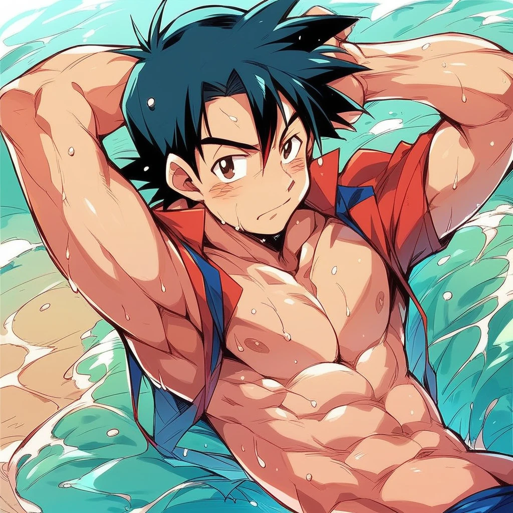 1boy, 1solo, ash ketchum, black hair, brown eyes, hair between eyes, ash ketchum, on beach, open shirt, short sleeves, shirtless, male swimwear, wet hair, wet skin, sweat skin, handsome boy, macho, good looking boy, sexy poses, windy