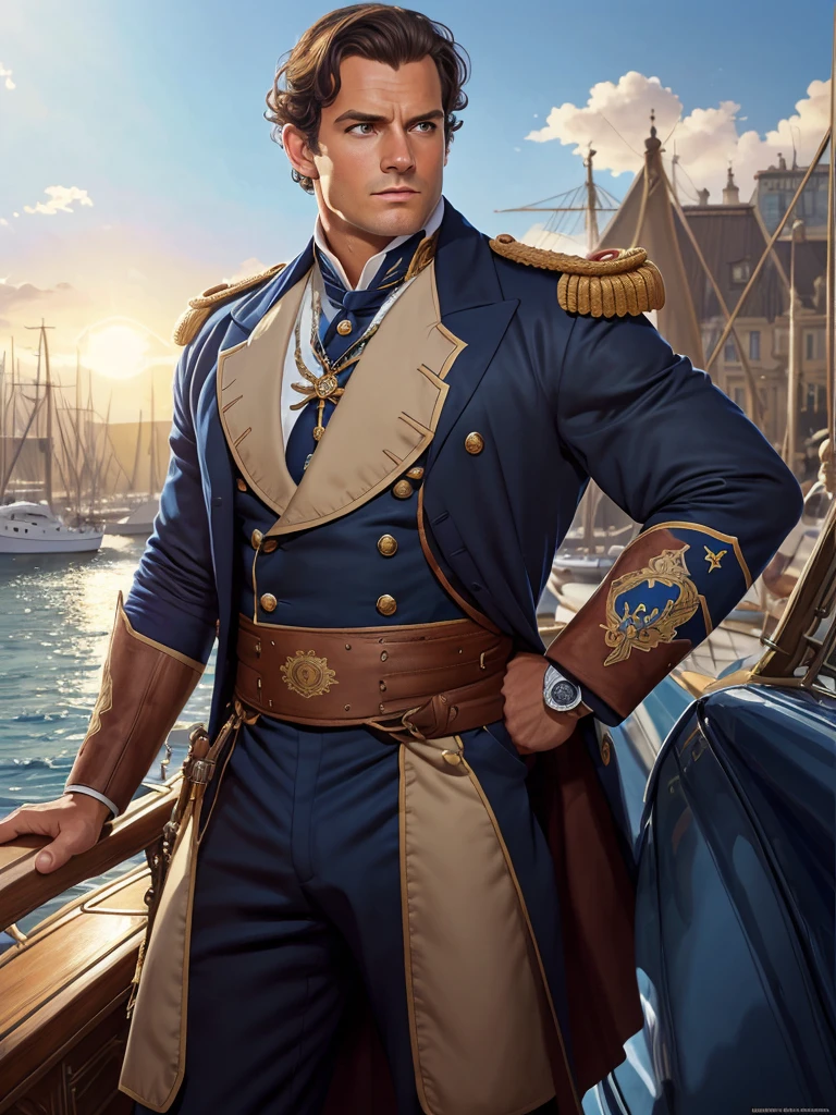 masterpiece stunning tanned and strong man, blue eyes, wearing regency navy uniform, no hat, looking up, ((sunny harbor background)), black very short hair, perfect and detailed warm and gentle blue eyes, little resemblance to henri cavill, full body, cover, hyperdetailed painting, luminism, Bar lighting, complex, 4k resolution concept art portrait by Greg Rutkowski, Artgerm, WLOP, Alphonse Mucha: a stunning realistic photograph 30 years