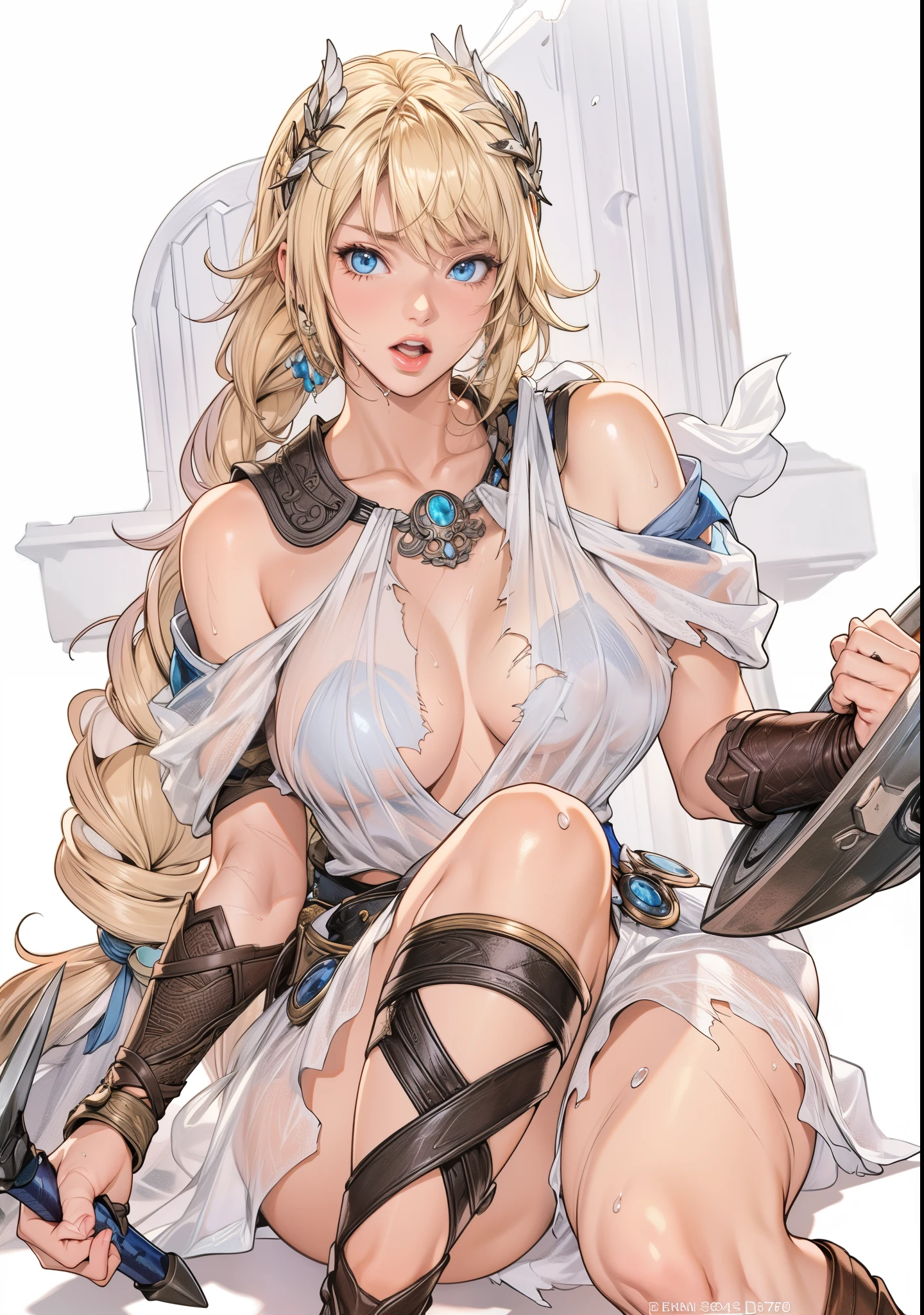 perfect eyes:1.2, detailed eyes:1.4, SoulCaliburSophitia, blue eyes, hurt, blood, wet, sweat, blonde hair, large breasts, hair ornament, screaming, pain, scars, scratches, torn clothes, nipples under clothes, transparent clothes, see through, white dress, long hair, shield, sword, braided ponytail, 1girl, solo, (masterpiece:1.6, best quality), 8k, insane details, intricate details, hyperdetailed, hyper quality, high detail, ultra detailed, professional, HDR, ray tracing reflection, cinematic lighting,
