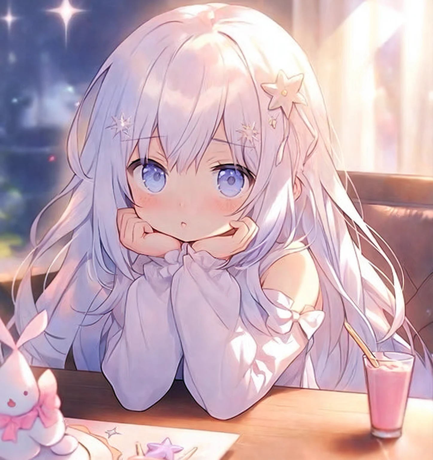 Anime girl with long white hair sitting at a table eating cake, Pretty girl, cute anime girl, Perfect white hair girl, white hair, cute anime girl, Sell more