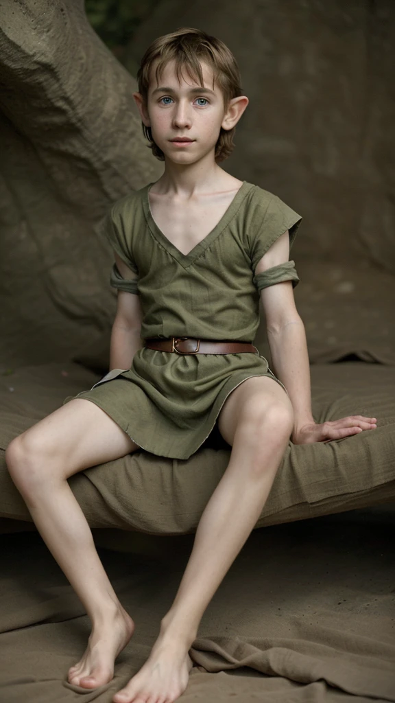 Twelve-year-old thin fair-haired elf boy in a tunic barefoot