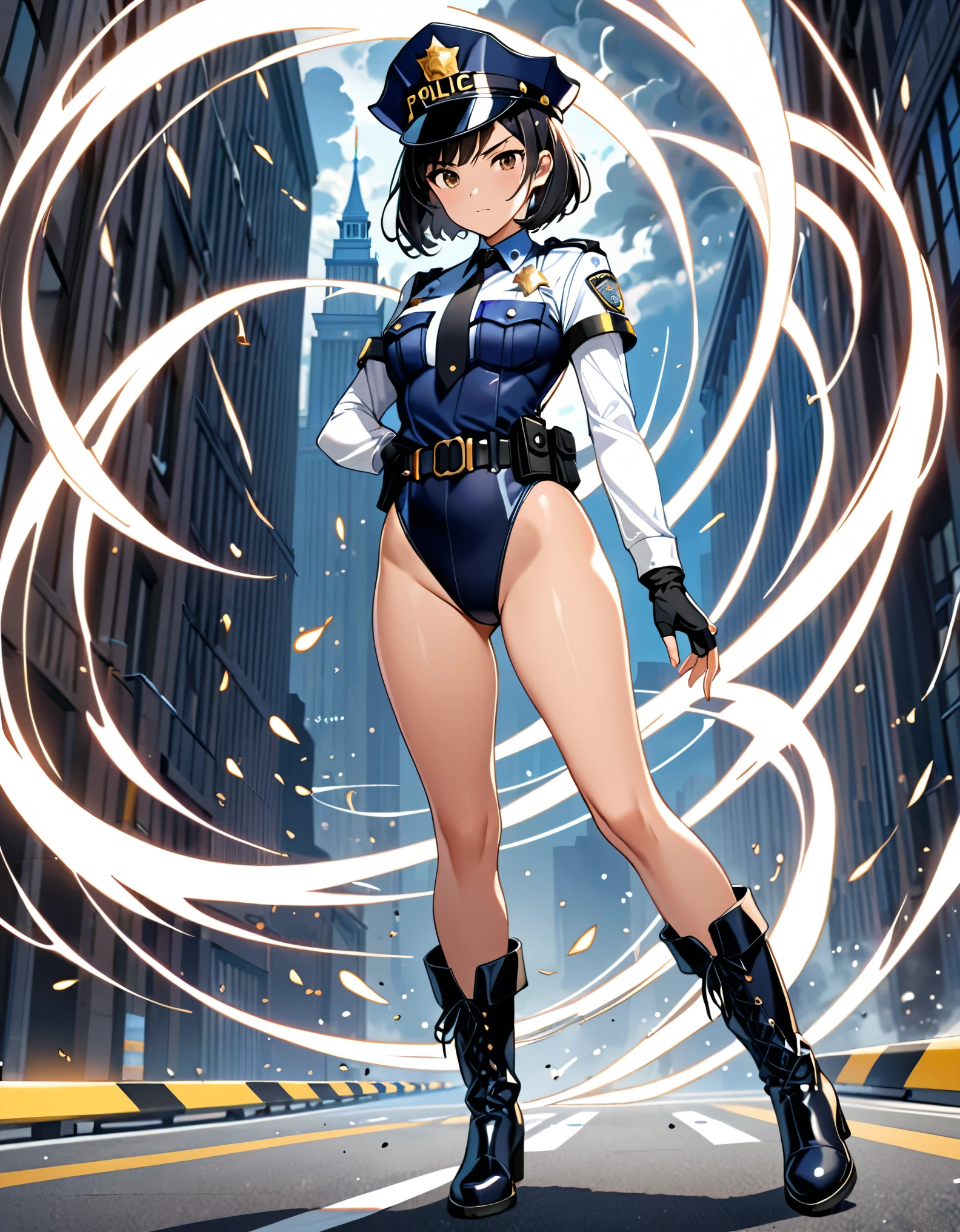 (masterpiece), (best quality), (high res),1girl, tall body, ((short hair, bob hair, jet black hair)), (hazel eyes) beautiful detailed eyes, beautiful detailed face, cute face, perfect hands, complete fingers, perfect anatomy, perfect proportions, ((hat, black police hat)), ((leotard, matching leotard, bare legs)), ((boots, matching boots)), breasts, medium breasts, fingerless gloves, (full body portrait), looking at viewer, solo, solo focus, police uniform, cowboy shot, (belt, tight belt), (armbands, white sleeves), serious, crossed arms, full body costume design. ahoge, she spins at an incredible speed, creating a whirlwind of air around her, spins fast in place like a tornado.