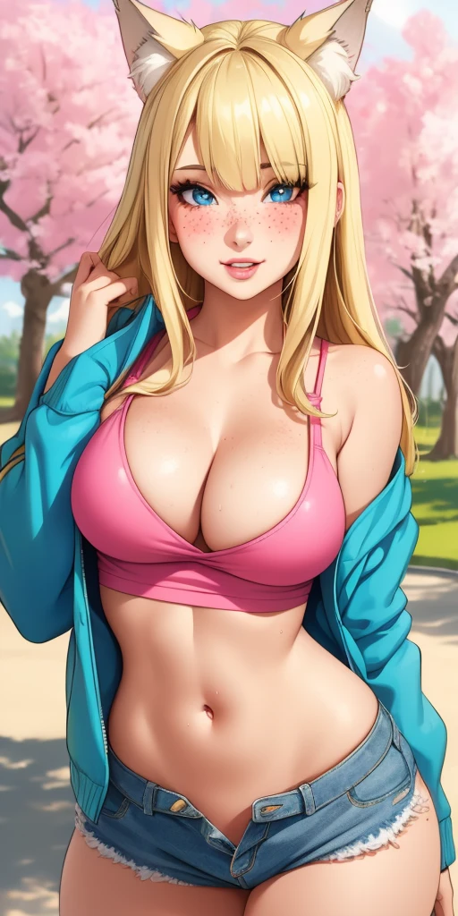 Beautiful round medium breasts, girl, (( blonder hair, bangs cover the eyes, long hair)) ((wolf girl, cute girl face)) light blue eyes, has an beautiful sensual body with freckles, with Beautiful breasts and thin waist, HIP HOP Beautiful and cute Denim shorts and tank top with jacket, fabric delicate, has a bold appearance. young, quality, realistic, best quality, cute expression, pink lipstick lips, sensual smile, In the park, beautiful cherry trees