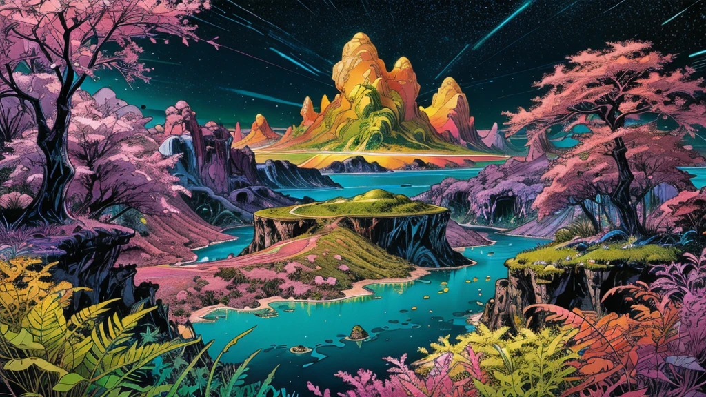 A photorealistic fantastical landscape. The background features floating islands covered in bioluminescent plants, cascading waterfalls of rainbow colors, and giant crystalline structures that refract light. Vibrant colors include deep purples, electric blues, neon pinks, and shimmering golds. The lighting is ethereal, with a soft glow emanating from the plants and crystals. Broad strokes of bright, contrasting colors sweep across the sky, reminiscent of an abstract painting - vibrant oranges, lime greens, and vivid magentas create a striking contrast against the fantastical elements.