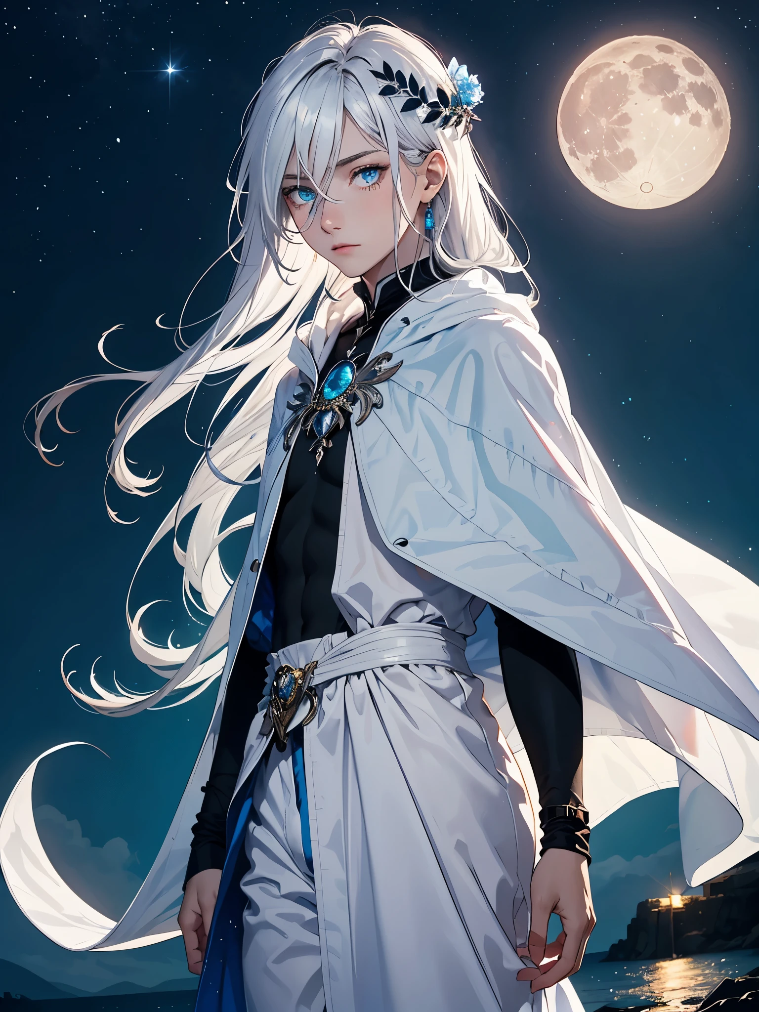 Brüste. Long hair. long white hair. aquatic, boy, Goddess of the Moon, silver hair accessories, White hair, White dress, cape, at night, saturated colors, light eyes, bright, light blue light, blue eyes, Jewelry silver, bluish light, Full moon in the background, aquatic in der Luft rosa kerzen