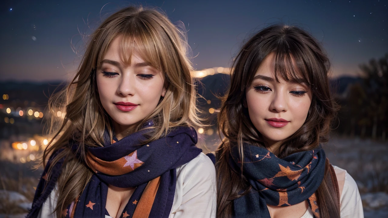 1girl, ahoge, bangs, blonde hair, blowing kiss, blue eyes, blue scarf, brown scarf, cleavage, closed mouth, eyelashes, face, floating hair, hair between eyes, heart, lips, lipstick, long hair, looking at viewer, makeup, night sky, nose, one eye closed, orange scarf, pink lips, pink scarf, portrait, purple eyes, realistic, red lips, red scarf, scarf, signature, smile, solo, space, spoken heart, star (sky), starry sky, upper body, watermark, yang xiao long, yellow scarf