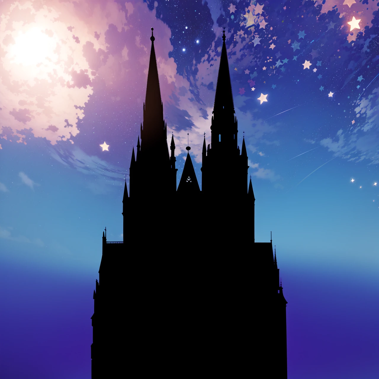 Masterpiece, best quality, very detailed, very detailed silhuette of Cologne Dome, Cologne Cathedral, blue sky on the background with many stars and galaxies, very shiny