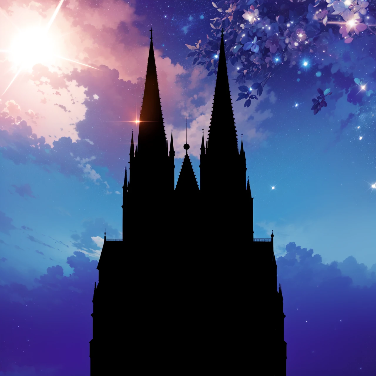 Masterpiece, best quality, very detailed, very detailed silhuette of Cologne Dome, Cologne Cathedral, blue sky on the background with many stars and galaxies, very shiny