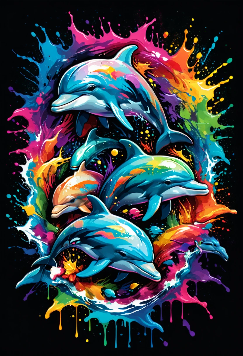 A t-shirt with vector art of a colorful illustration of dolphins in the middle of the sea, in the center, vibrant colors, paint splatters and stains, high detail, black backdrop
(artwork, best quality, professional, perfect composition, very aesthetic, absurdity, super detailed, intricate details:1.3)