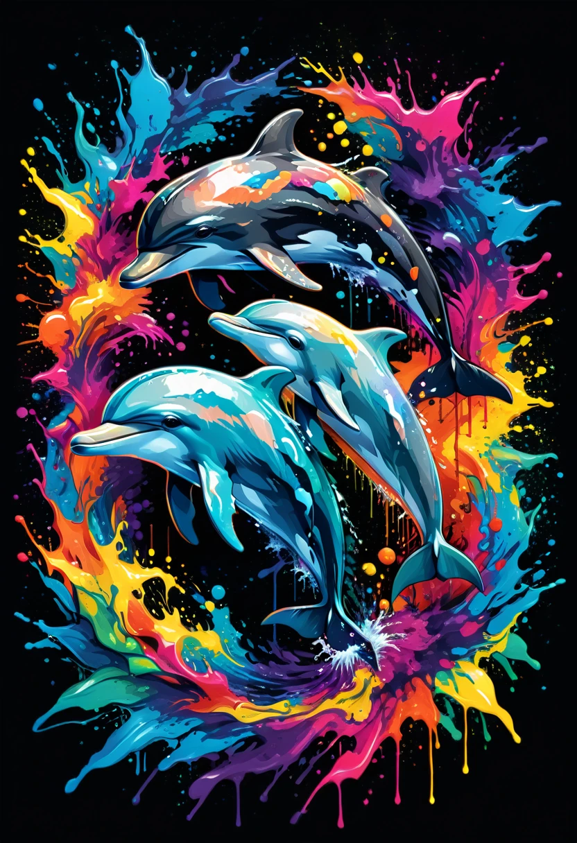 A t-shirt with vector art of a colorful illustration of dolphins in the middle of the sea, in the center, vibrant colors, paint splatters and stains, high detail, black backdrop
(artwork, best quality, professional, perfect composition, very aesthetic, absurdity, super detailed, intricate details:1.3)