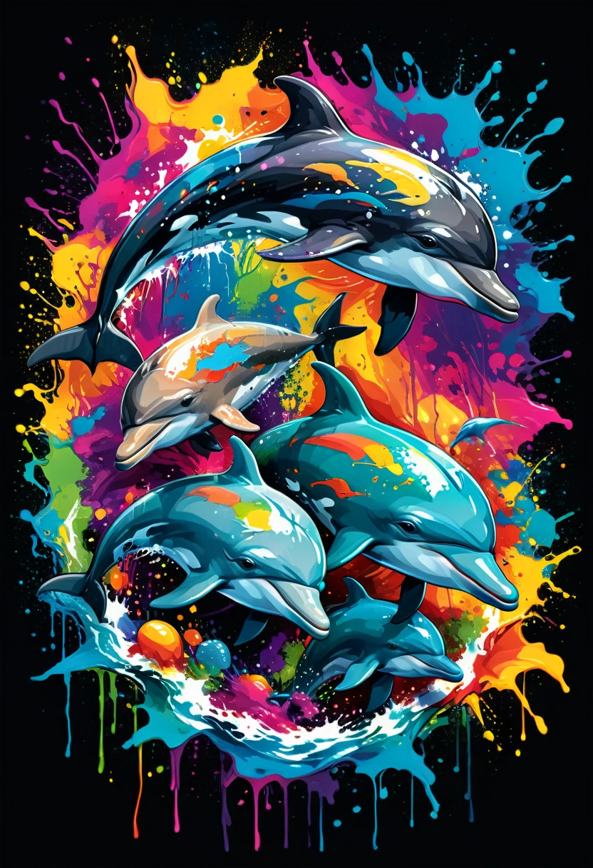 A t-shirt with vector art of a colorful illustration of dolphins in the middle of the sea, in the center, vibrant colors, paint splatters and stains, high detail, black backdrop
(artwork, best quality, professional, perfect composition, very aesthetic, absurdity, super detailed, intricate details:1.3)