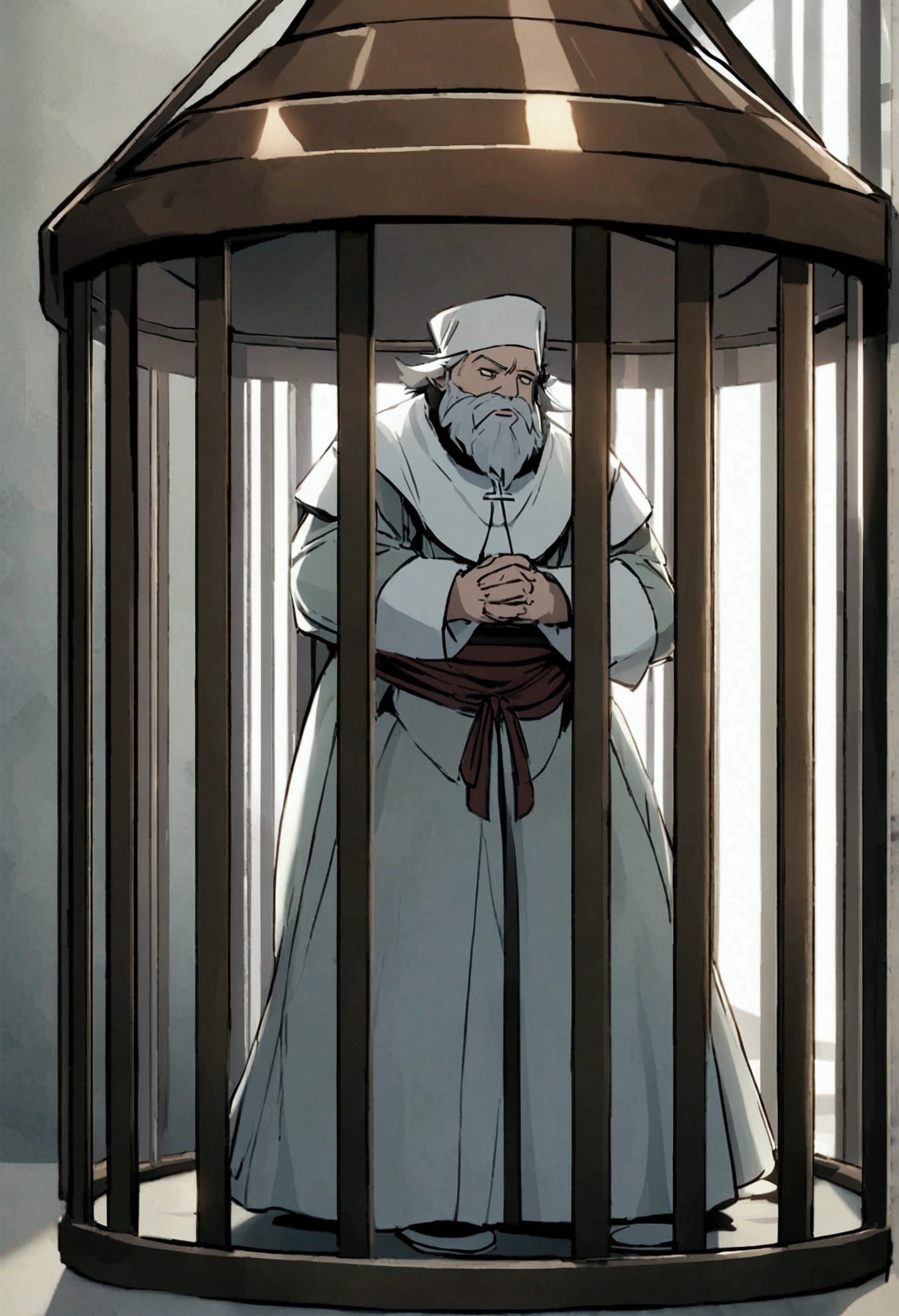 bearded priest hunchbacked with white boat hair, in the backlands frei damião trapped in a cage