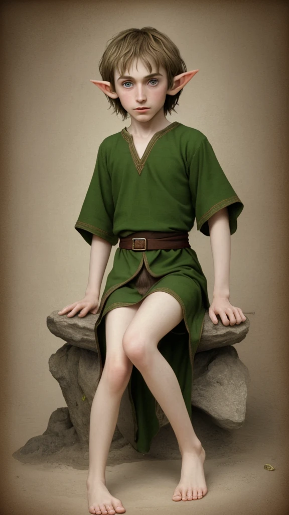 Twelve-year-old thin fair-haired elf boy in a tunic barefoot