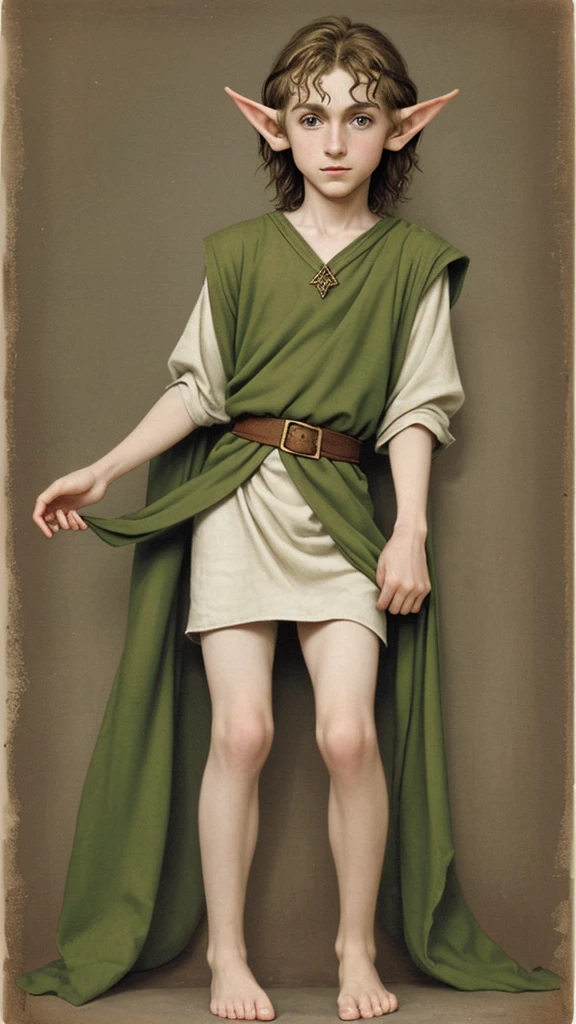 Twelve-year-old thin fair-haired elf boy in a tunic barefoot