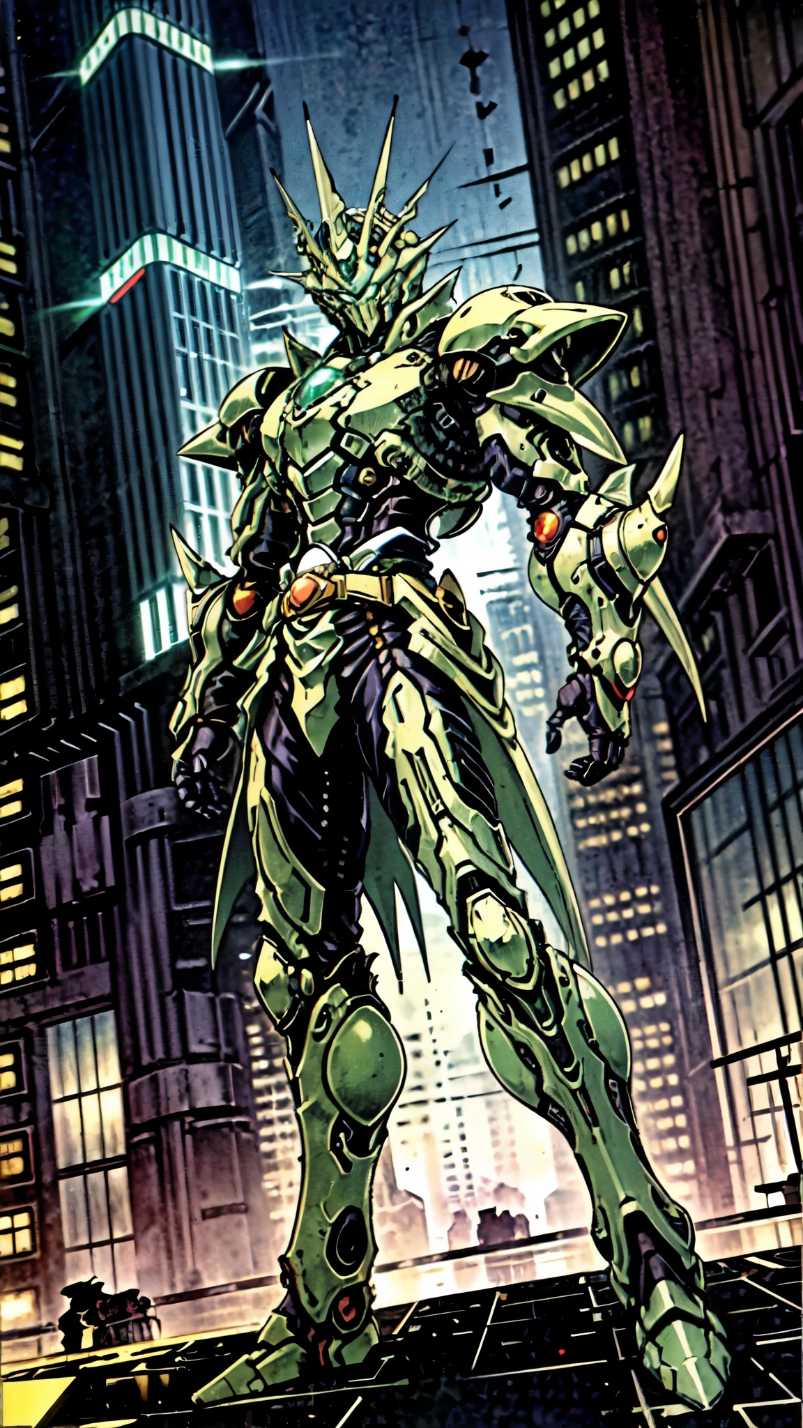 (masterpiece:1.5, best quality:1.5, extremely delicate:1.5, foreshortening:1.5, dynamic angle:1.5), a man wearing a full-face helmet, a fantasy-style biotech armored combat suit, green eyes, (a composite layered chest armor), fully enclosed shoulder guards, matching arm and leg guards, the belt is adorned with neon circuitry, (the color scheme is primarily red with green white accents), the design balances heavy with agility, a high-tech bio-mecha armor, (Armor Concept Inspired by neon Cyberpunk, stand on the top of a skyscraper in a futuristic sci-fi city), this character embodies a finely crafted fantasy-surreal style armored hero in anime style, exquisite and mature manga art style, (element, plasma, energy, the armor glows), ((male:1.5)), metallic, high definition, highres, ultra-detailed, ultra-fine painting, professional, perfect body proportions, golden ratio, anatomically correct, symmetrical face, extremely detailed eyes and face, high quality eyes, creativity, RAW photo, UHD, 32k, Natural light, cinematic lighting, masterpiece-anatomy-perfect