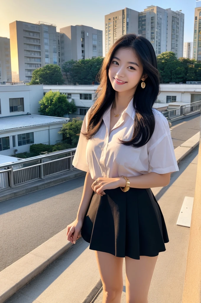 Rooftop of university building, 4th year university student, ((full body)), ((photo)), ((best qualtiy, 8K, tmasterpiece:1.3)), Focus:1.2, perfect figure beautiful girl:1.4, 1girl, cowboy shot, look at viewer, eyes facing the camera, incredibly absurd, beautiful and cute girl with a photorealistic face, showcasing top-quality craftsmanship, A Japanese girl watching the sunset on the roof of a university building, 19 years old, long, straight, silky black hair, fair skin, big eyes, thin eyebrows, double eyelids, long eyelashes, pink lips, smile, devilish smile, gorgeous features, well-defined facial features, beautiful face line, mysterious beauty, slender, tall, well-balanced proportions, large E-cup breasts, white shirt, tight black skirt, beige pumps, gold necklace and bracelet, small earrings, elegant ring, pretty girl, beauty, devilish type, pretty older sister, passionate about art, sociable, friendly, positive, has leadership skills, is proactive, is flexible, gets things done efficiently, works hard towards dreams and goals, March