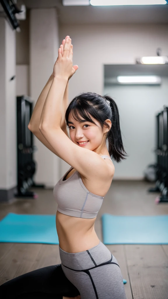 masterpiece, best quality, ultra high res, (1girl), 18 years old girl, detailed background, (gym in city:1.2), (practice yoga:1.4), from front, (light grey:black hair:1.4), ((nude)), looking at viewer, smiling, cute, professional light, face focus,