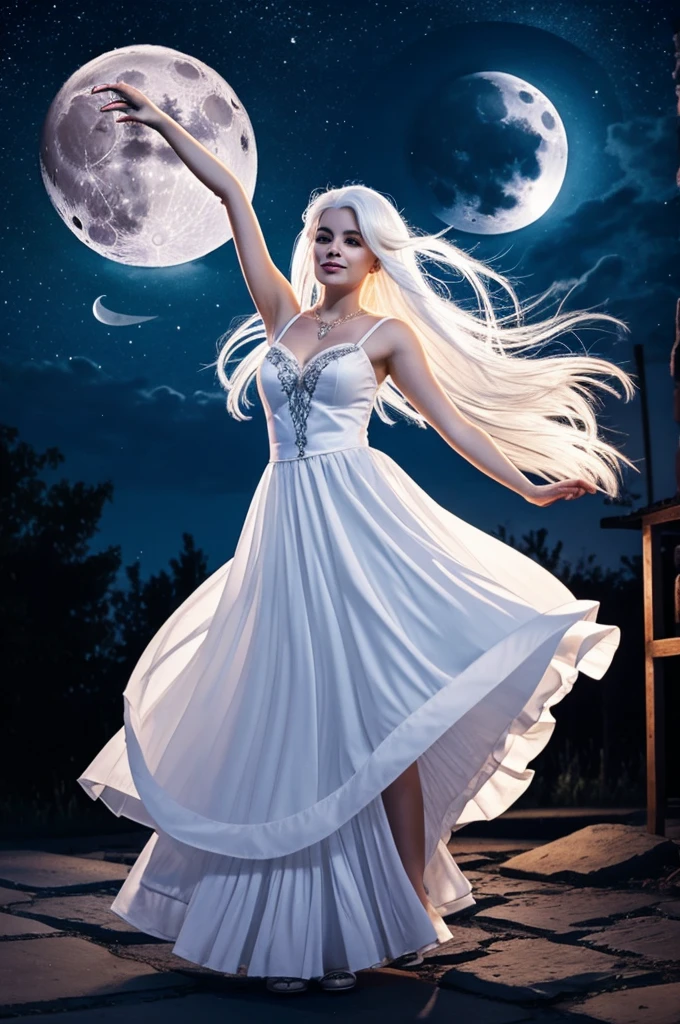 Beautiful illustration woman with white hair dancing under the moon