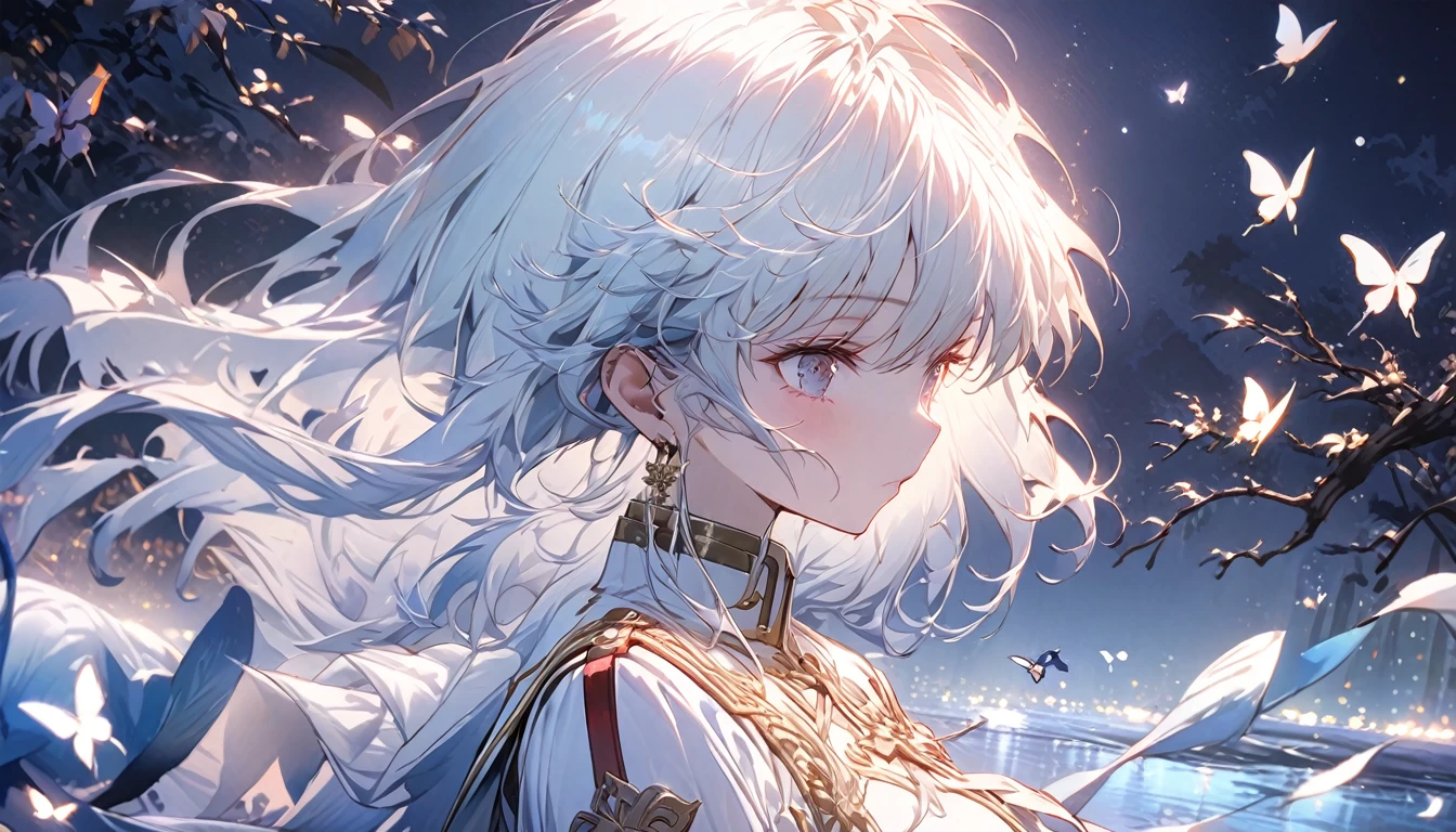 The original, (masterpiece), (illustration), (extremely exquisite), (Perfect details), (Uniform CG 8K Wallpaper:1.05), (beautiful clear background:1.25), (depth of field:0.7),1 girl,huanxiaoyi , (standing by the river:1.15).(Hair blowing in the wind:1.1),erflies flying around, (moonlight:0.6), Tree, (summer), (night:1.2), (close up:0.35), (Gloves:0.8), alone ,