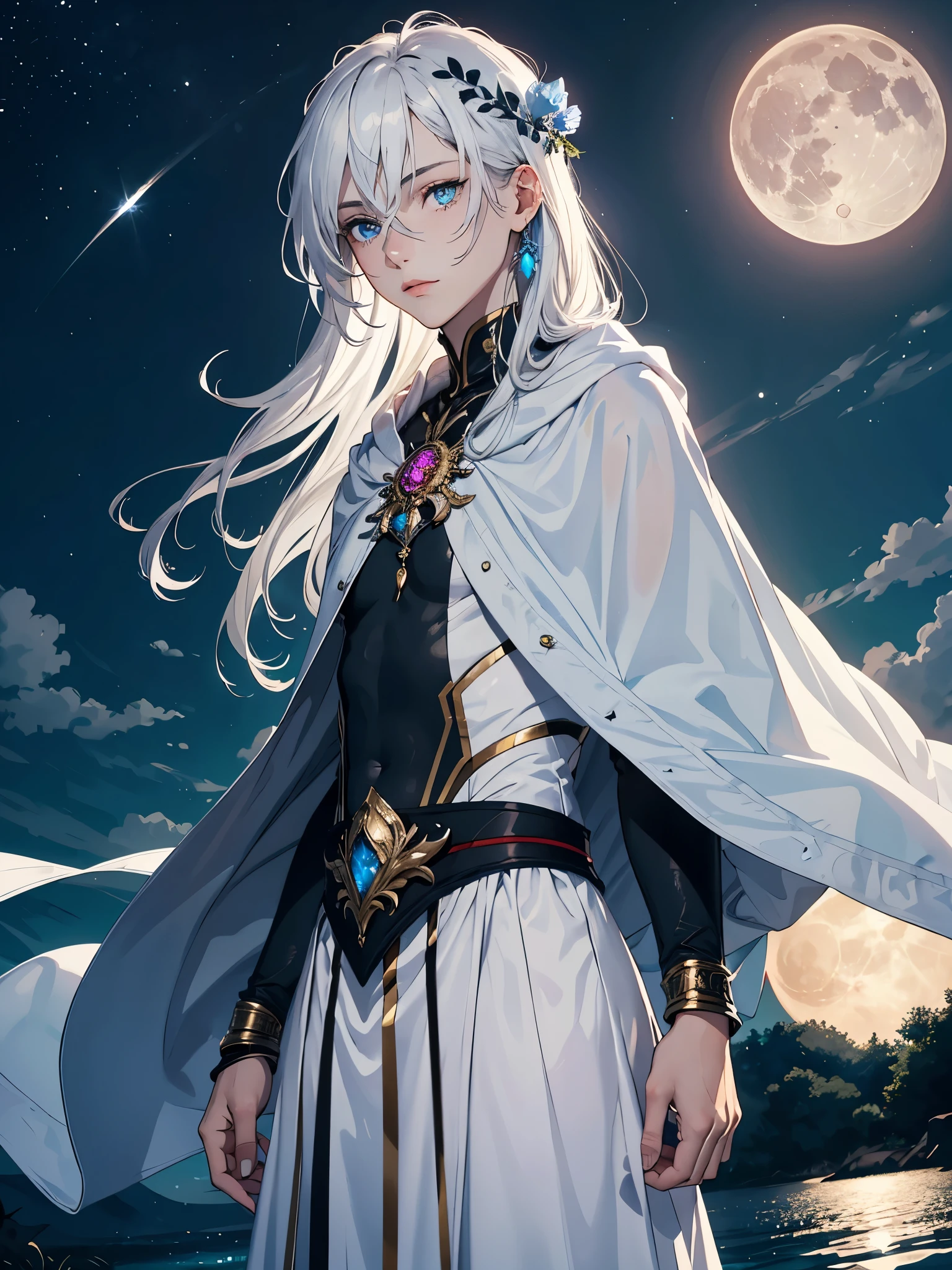 Brüste. Long hair. long white hair. aquatic, boy, Goddess of the Moon, silver hair accessories, White hair, White dress, cape, at night, saturated colors, light eyes, bright, light blue light, blue eyes, Jewelry silver, bluish light, Full moon in the background, aquatic in der Luft rosa kerzen