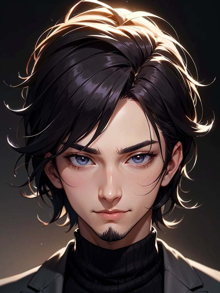 ((Portrait)), He has a Elegant, Black-Haired Appearance, with a Well-Built, Athletic Build, and an Authoritarian Aura. He has a Light Gray Eyes, Expresses a Calm and Friendly Look, Giving Off a Happy and Relaxed Attitude. His Hair is Short and Tousled, with Messy Strands and a Lightly Trimmed Beard. He Wears a Dark Blazer over a Black Turtleneck Sweater, Exuding Elegance and Nobility. ((Portrait, HDR, Dark Background))